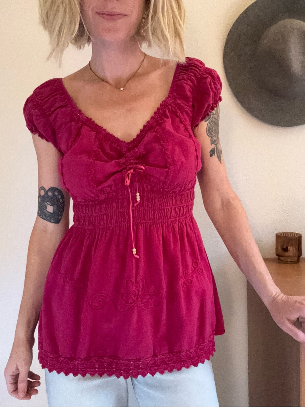 Pink Babydoll Peasant Top Small Ruched Crochet Lace Boho Cottage Fairy Feminine
